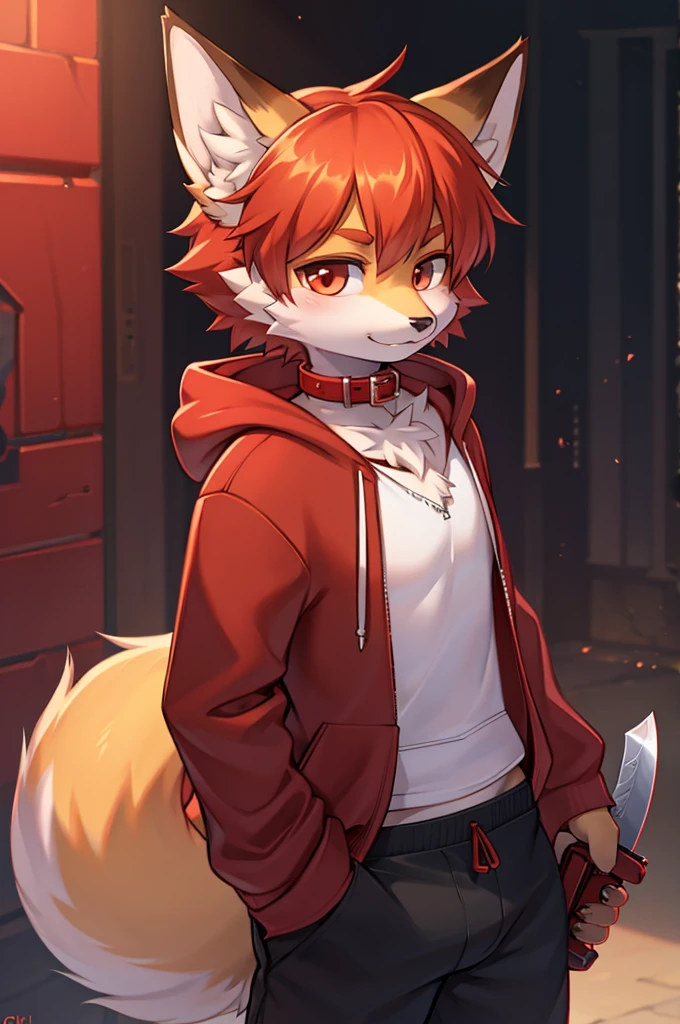 fox boy,Red collar,4K resolution,Boy in hoodie with knife in hand,cool,Red hoodie