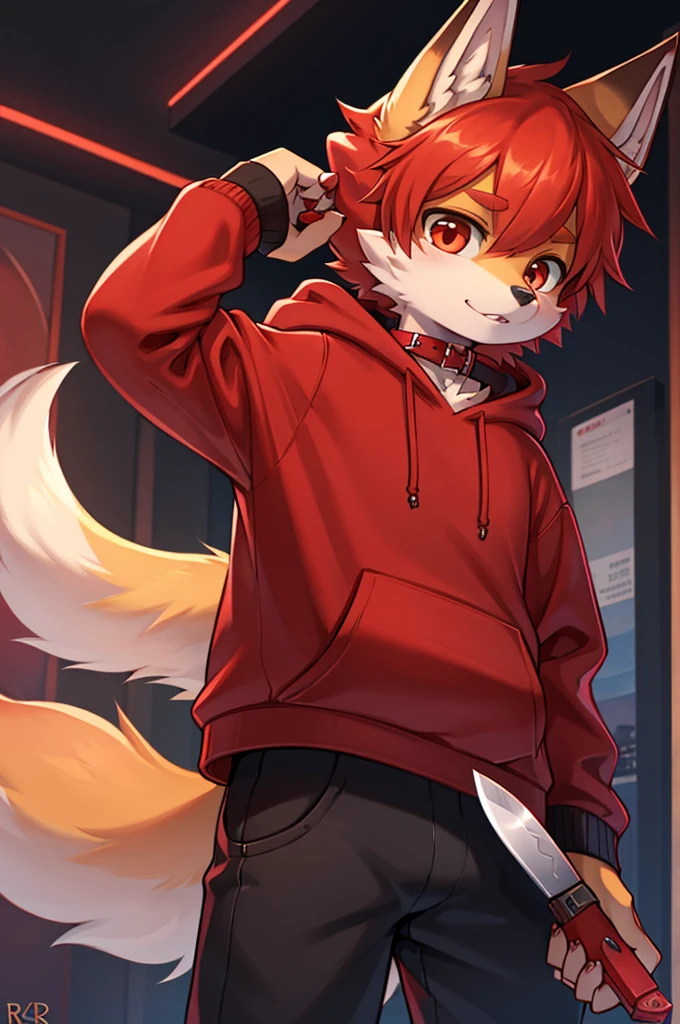 fox boy,Red collar,4K resolution,Boy in hoodie with knife in hand,cool,Red hoodie