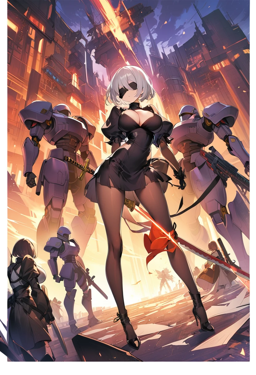 2B Nier Automata,masterpiece, 最high quality, High resolution, Black clothes 、Black Pantyhose、Dark church at night、Wear a miniskirt、Thin legs、Big Breasts、Slim figure、high quality　CG Tone、Gray Hair、Black blindfold、Short Bob、Surrounded by mechanical soldiers、Cut the mechanical soldier、stylish、Japanese sword、Clothes get torn