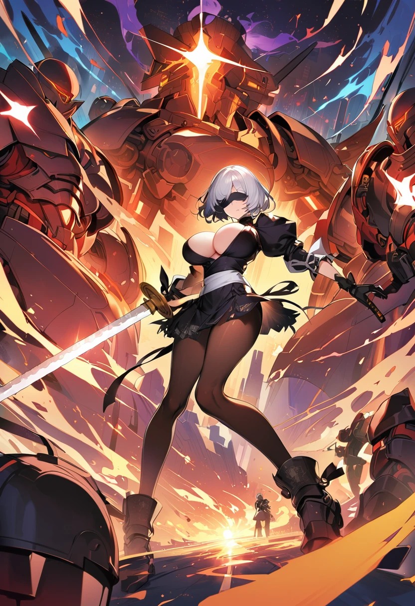 2B Nier Automata,masterpiece, 最high quality, High resolution, Black clothes 、Black Pantyhose、Dark church at night、Wear a miniskirt、Thin legs、Big Breasts、Slim figure、high quality CG Tone、Gray Hair、Black blindfold、Short Bob、Surrounded by mechanical soldiers、Cut the mechanical soldier、stylish、Japanese sword、Clothes get torn