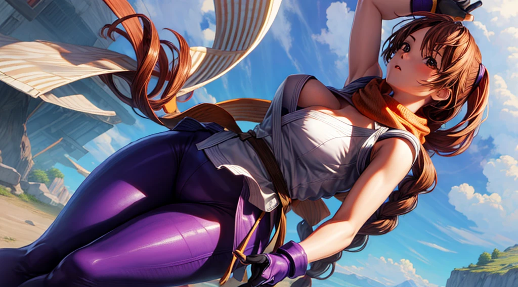 (masterpiece, best quality, high resolution, Unity 8K wallpaper, Extremely detailed CG:1), (illustration:1.0), 1 Girl,Solitary, Yurims, scarf, Dougie, in spandex, Gloves, Huge breasts