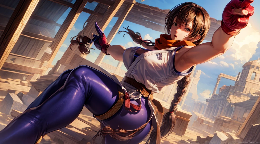 (masterpiece, best quality, high resolution, Unity 8K wallpaper, Extremely detailed CG:1), (illustration:1.0), 1 Girl,Solitary, Yurims, scarf, Dougie, in spandex, Gloves, Huge breasts