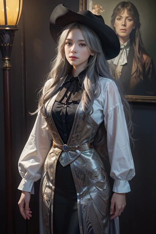 Hyperrealist Female Portrait by David Hockney and Alphonse Mucha,Fantasy art, Photorealistic, Dynamic Lighting, Art Station, Poster, Volumetric lighting, Highly detailed face, 4k yen, Awards,, One girl, In the Dark, Deep Shadow, Modest,Cowboy Shot,(Official attire:1.4) ,Long Hair,Gray Hair,