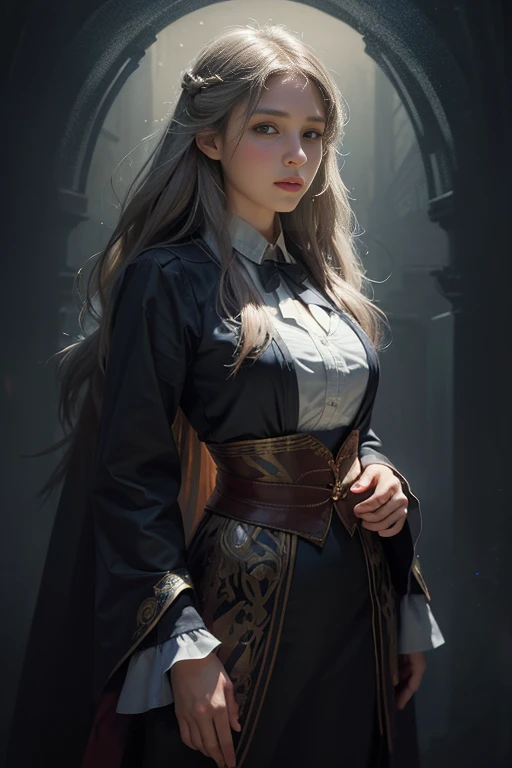 Hyperrealist Female Portrait by David Hockney and Alphonse Mucha,Fantasy art, Photorealistic, Dynamic Lighting, Art Station, Poster, Volumetric lighting, Highly detailed face, 4k yen, Awards,, One girl, In the Dark, Deep Shadow, Modest,Cowboy Shot,(Official attire:1.4) ,Long Hair,Gray Hair,