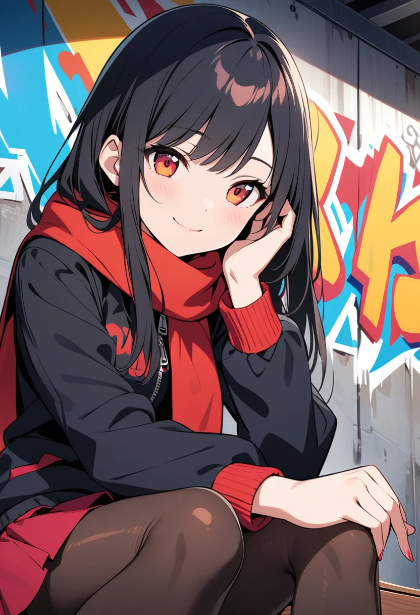 Top Animation Quality，animation，HD，1080P，独奏，(low angle)，a woman，close mouth，smile，extremely detailed black hair and happy eyes，long hair with swept bang，(One hand touching the face)，sitting on the steps，(red scarf, black zip up jacket and red pleated skirt)，trend，detailed pantyhose，Sitting on a wooden box，Graffiti wall background，dark feeling，(cool)