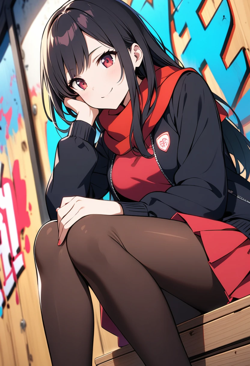 Top Animation Quality，animation，HD，1080P，独奏，(low angle)，a woman，close mouth，smile，extremely detailed black hair and happy eyes，long hair with swept bang，(One hand touching the face)，sitting on the steps，(red scarf, black zip up jacket and red pleated skirt)，trend，detailed pantyhose，Sitting on a wooden box，Graffiti wall background，dark feeling，(cool)