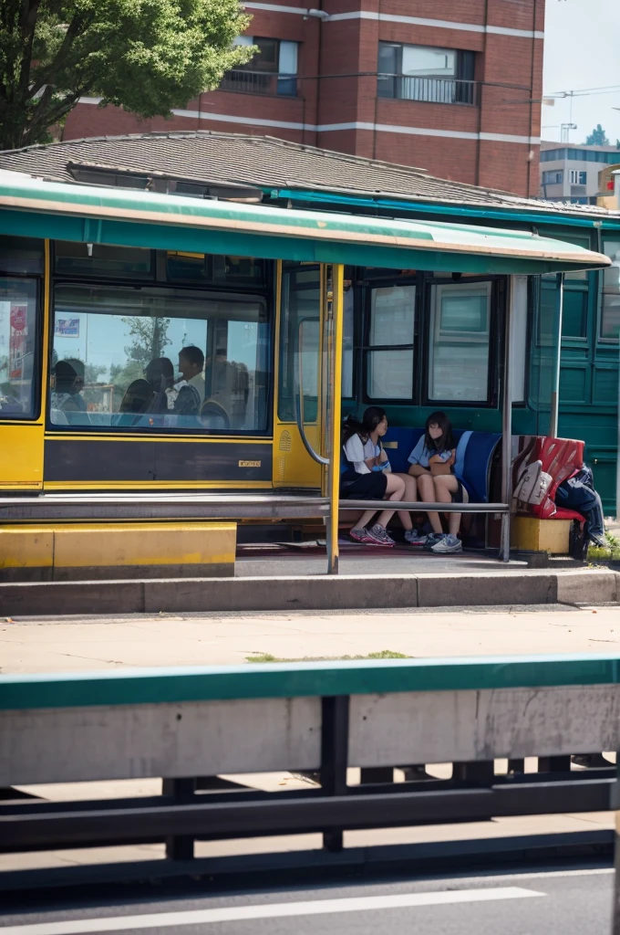 A bus was stopped at a bus stop, but it left and high school students chased after it.
