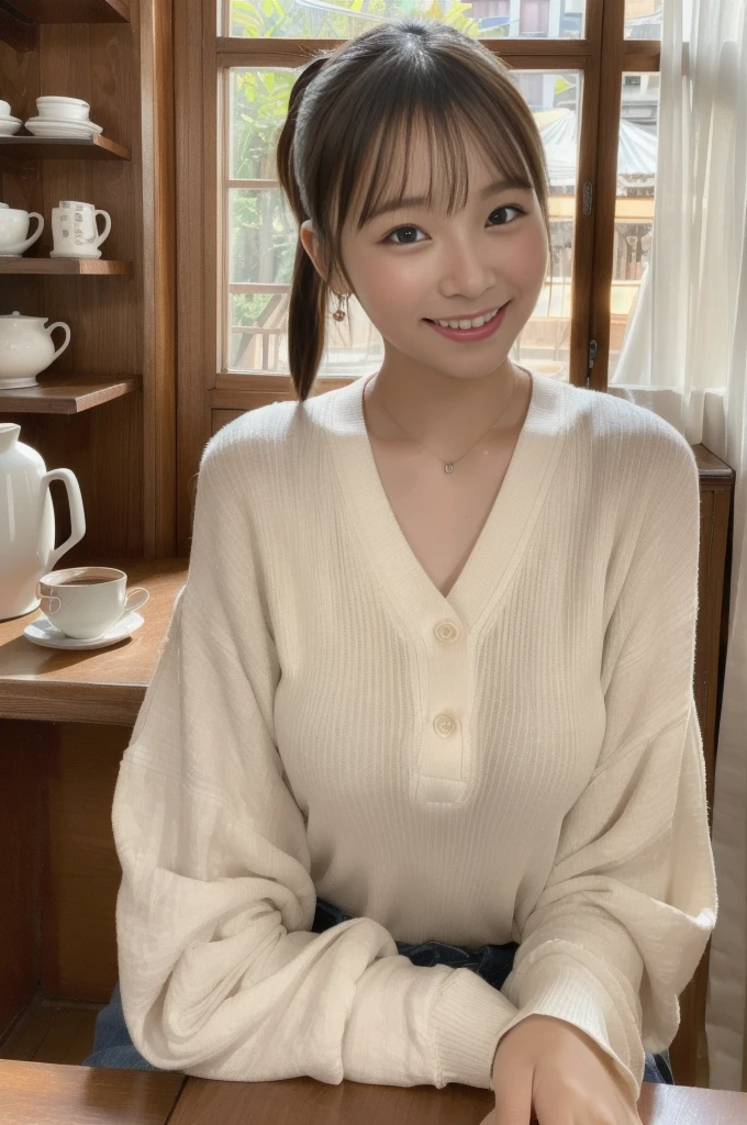 (8K、Raw photography、top-quality、​masterpiece:1.2)、(realisitic、Photorealsitic:1.37)、ultra-detailliert、超A high resolution、1 fair-skinned girl、beautifull detailed face、poneyTail、layered clothes、(glowing earrings)、A smile、Coffee shop with open terrace、sit a chair、Tea on the desk