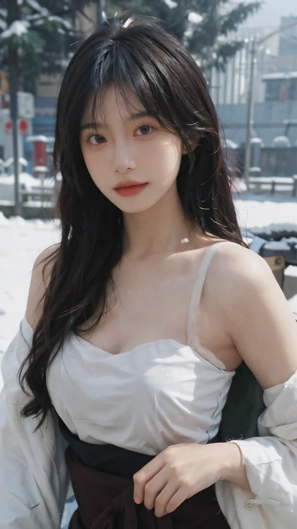 Portrait photography,1 girl,Snow Scene,Snowing background,Thickened cup strapless outer expansion underwear for women with small chest, gathered, non-slip and large, 6cm front buckle, wrapped chest, flat chest, tube top ,whole body:1.4,Lipstick,(Big Breasts:1.6),Headband,serene,calm,(Realistic and detailed eyes,Natural skin texture,Realistic facial details),