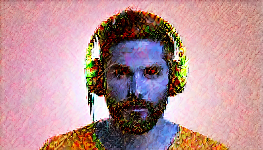 create the image of a man with a short beard, with a headset demonstrating the style ((melody)), hyperrealisti, 8k, swirly vibrant colors, clear and sharp image, coloured background, medium hair.