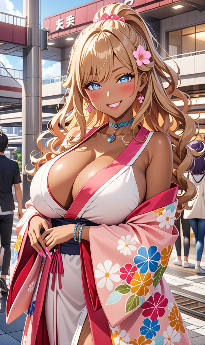 ultra-detailed, ((one girl)), (tan skin:1.4), in pastel colors gyaru, (heavy makeup), (professional lighting) hyper detailed, absurdres, 8k, Beautiful Face, (Laugh shyly), ((teasing smile:1.6)), ((happy smile:1.5)),  ((Wink:1.6)), (Laugh with your mouth wide open),((Tilt your face:1.6)), View your viewers, ((Bright red cheeks:1.6)),Glossy shocking pink lips, ((huge breasts:1.6)),  ((undressing)), noon, summer, In front of Moriguchi Station on the Keihan Line, Anime style background)),masterpiece, Highest quality, (Brighten your face), so beautiful,Latest, Complex details, ((fluorescent pink long nail:1.3)), (ring),(bracelet), (Floral Choker),AI-generated, Complex,High resolution, Highest quality, super high quality,3D Images、3D Images,One person, ((honey blond long hair), (High Ponytail), (wavy hair:1.4), Anime woman posing for a photo, ((Fine grain、blue eyes、glowing eyes:1.4)), (Squint your eyes:1.1),a hyperRealistic , hyperRealistic , Realistic,Anime woman with long honey blonde hair, Smooth anime CG art, A girl in a gorgeous pastel-colored kimono, ((Pastel-colored furisode)),(Pink large floral pattern),  Long flower hair ornament,large gold hoop earrings, Mature Body, tall,Narrow waist, front view, (upper body),  ((Waving to viewers:1.3)),