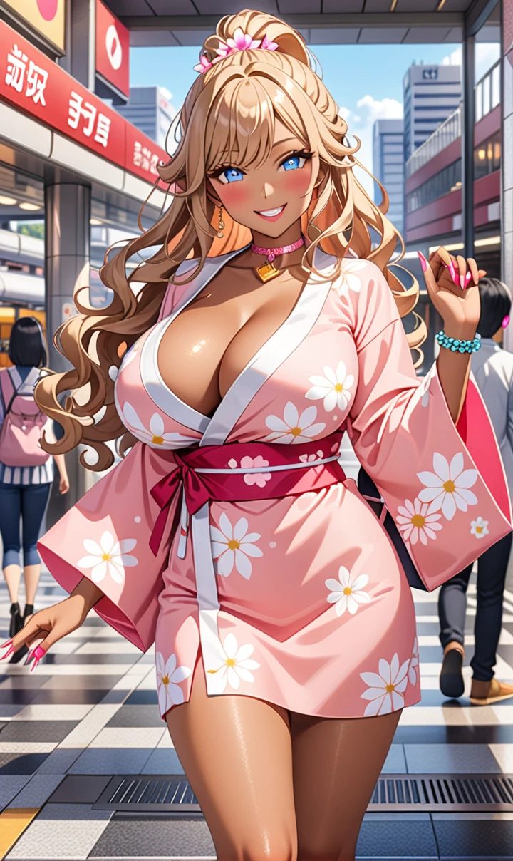 ultra-detailed, ((one girl)), (tan skin:1.4), in pastel colors gyaru, (heavy makeup), (professional lighting) hyper detailed, absurdres, 8k, Beautiful Face, (Laugh shyly), ((teasing smile:1.6)), ((happy smile:1.5)),  ((Wink:1.6)), (Laugh with your mouth wide open),((Tilt your face:1.6)), View your viewers, ((Bright red cheeks:1.6)),Glossy shocking pink lips, ((huge breasts:1.6)),  ((undressing)), noon, summer, In front of Moriguchi Station on the Keihan Line, Anime style background)),masterpiece, Highest quality, (Brighten your face), so beautiful,Latest, Complex details, ((fluorescent pink long nail:1.3)), (ring),(bracelet), (Floral Choker),AI-generated, Complex,High resolution, Highest quality, super high quality,3D Images、3D Images,One person, ((honey blond long hair), (High Ponytail), (wavy hair:1.4), Anime woman posing for a photo, ((Fine grain、blue eyes、glowing eyes:1.4)), (Squint your eyes:1.1),a hyperRealistic , hyperRealistic , Realistic,Anime woman with long honey blonde hair, Smooth anime CG art, A girl in a gorgeous pastel-colored kimono, ((Pastel-colored furisode)),(Pink large floral pattern),  Long flower hair ornament,large gold hoop earrings, Mature Body, tall,Narrow waist, front view, (upper body),  ((Waving to viewers:1.3)),