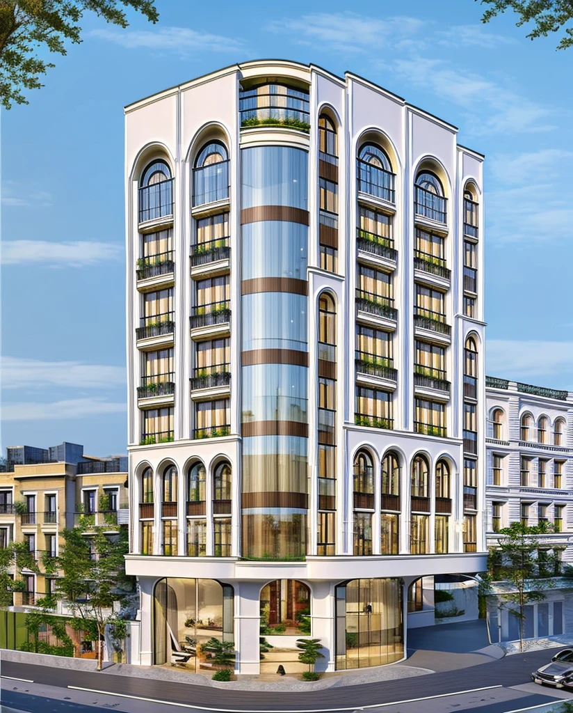 (masterpiece, best quality:1.2) 1white neoclassic building, (curved window), plants on company, building, exterior, architecture design, building in street