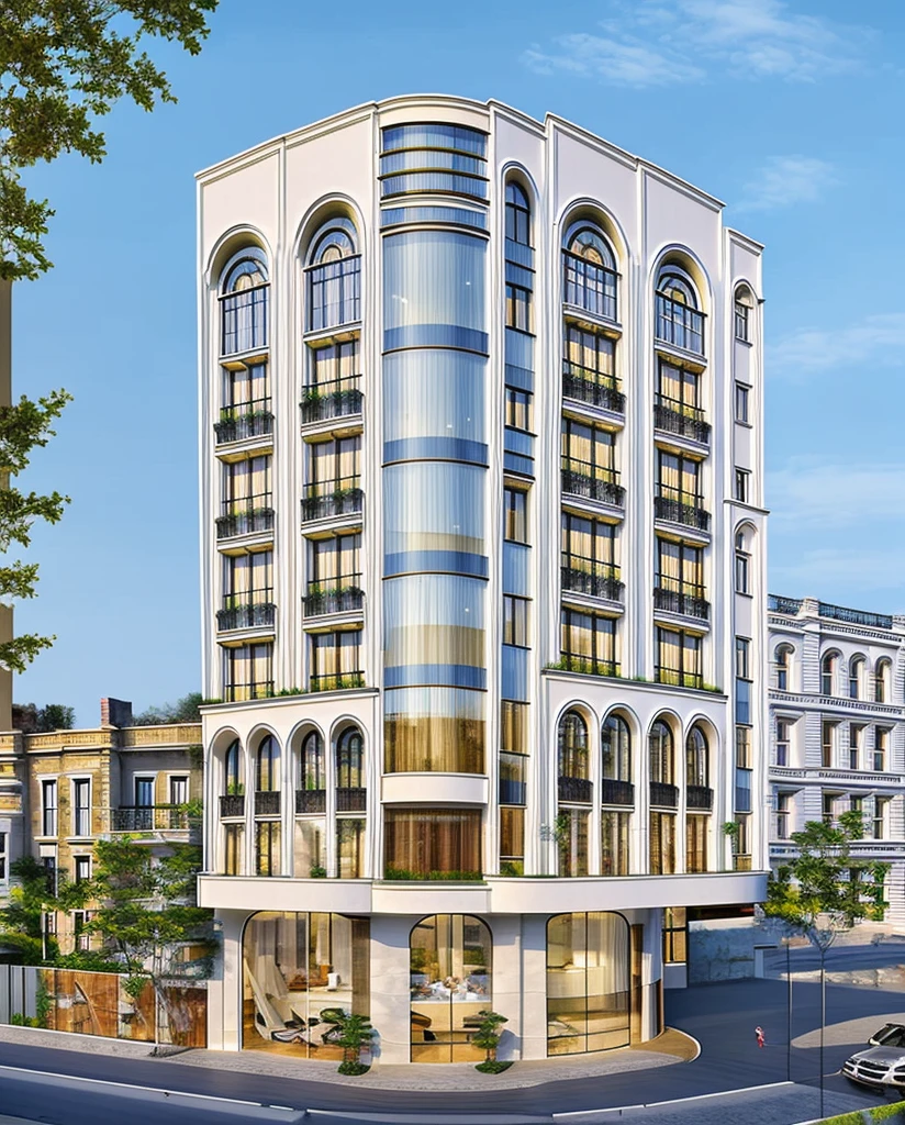 (masterpiece, best quality:1.2) 1white neoclassic building, (curved window), plants on company, building, exterior, architecture design, building in street