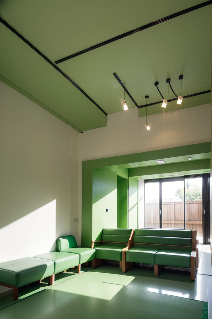indoor，Early Learning Centre，indoor亲子read区，Green tone，read，Multiple soft seats，comfortable seating，Green and chairs，Children's books