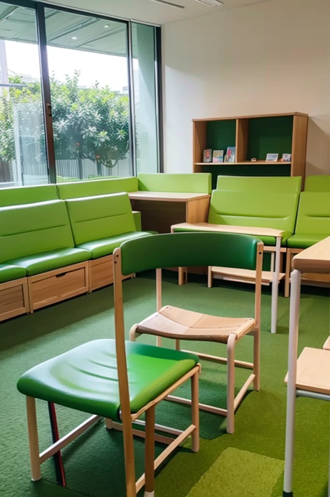 indoor，Early Learning Centre，indoor亲子read区，Green tone，read，Multiple soft seats，comfortable seating，Green and chairs，Children's books