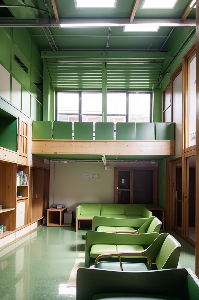 indoor,Early Learning Centre,indoor亲子read区,Green tone,read,Multiple soft seats,comfortable seating,Green and chairs,Children's books