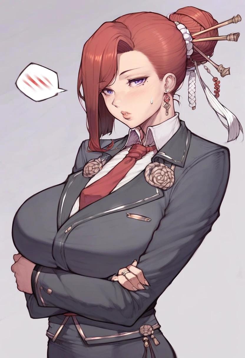 score_9, score_8_up, score_7_up, score_6_up, score_5_up, score_4_up, source_anime, rating_safe, asura \(asurauser\), (cutesexyrobutts:0.55), (sano_toshihide:0.8), hongoutfit, mature female, hongoutfit, 1girl, jewelry, solo, mole under eye, mole, necktie, hair bun, single hair bun, red necktie, ring, earrings, crossed arms, shirt, full body, spoken anger vein, parted lips, sweatdrop, looking at viewer, blush, grey background, jacket, collared shirt, formal, black shirt, simple background, suit, spoken ellipsis, hair ornament, bangs, swept bangs, red hair, huge breasts, hard erected futa bulge, purple eyes, black jacket, grey shirt
