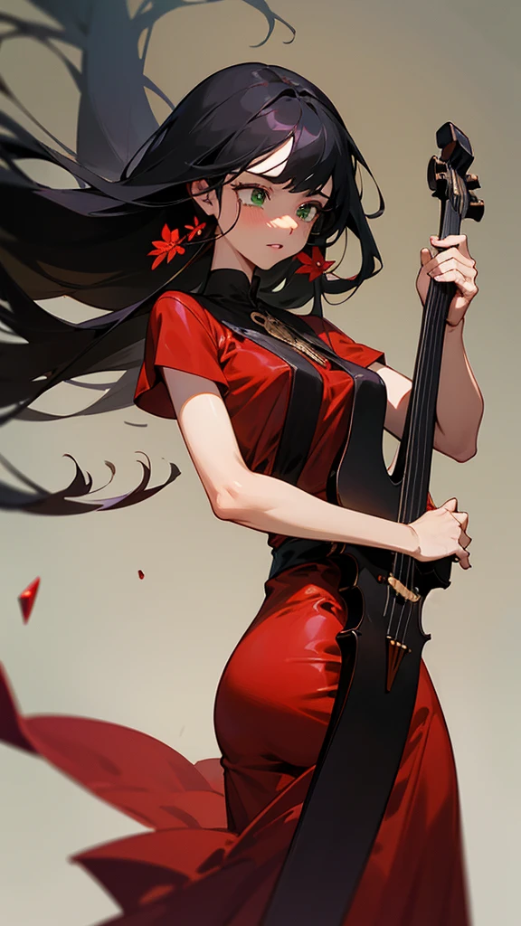 A girl with wheat skin, long black hair, wide green eyes, a well-proportioned body, round lips, wearing an attractive red dress, playing the violin with a bloody dramatic background, high resolution., High detail, Very detailed, Ultra precise, Quality leather,
Tears, Tabarj, Red nose, crying, Heavy breathing, rear view, Multi-faceted perspective, Poetry flower,