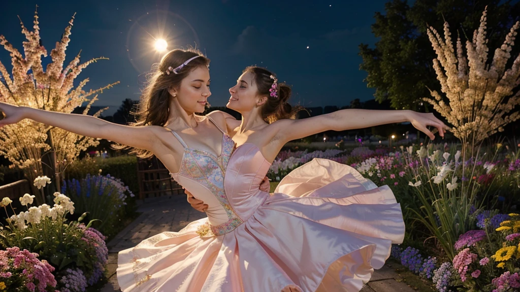 
A beautiful scene of a graceful ballerina in a vibrant, colorful dress made of flowers, dancing under a bright and radiant full moon. The background is filled with a burst of vivid, lively flowers in a variety of colors, creating a magical, enchanting atmosphere. The overall tone is bright and cheerful with a clear, sunny sky. The flowers are fresh and blooming, adding to the lively and joyful mood of the scene. The ballerina's pose is elegant and dynamic, capturing the essence of dance and beauty