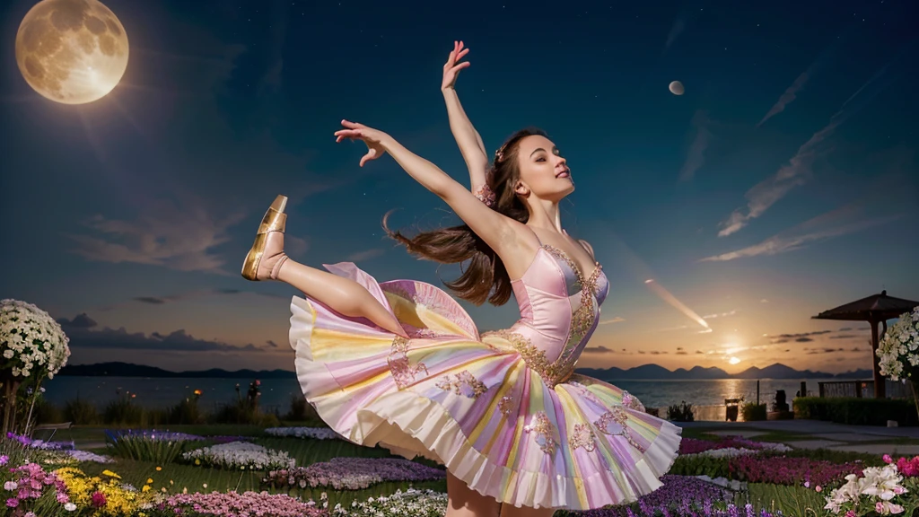 A beautiful scene of a graceful ballerina in a vibrant, colorful dress made of flowers, dancing under a bright and radiant full moon. The background is filled with a burst of vivid, lively flowers in a variety of colors, creating a magical, enchanting atmosphere. The overall tone is bright and cheerful with a clear, sunny sky. The flowers are fresh and blooming, adding to the lively and joyful mood of the scene. The ballerina's pose is elegant and dynamic, capturing the essence of dance and beauty