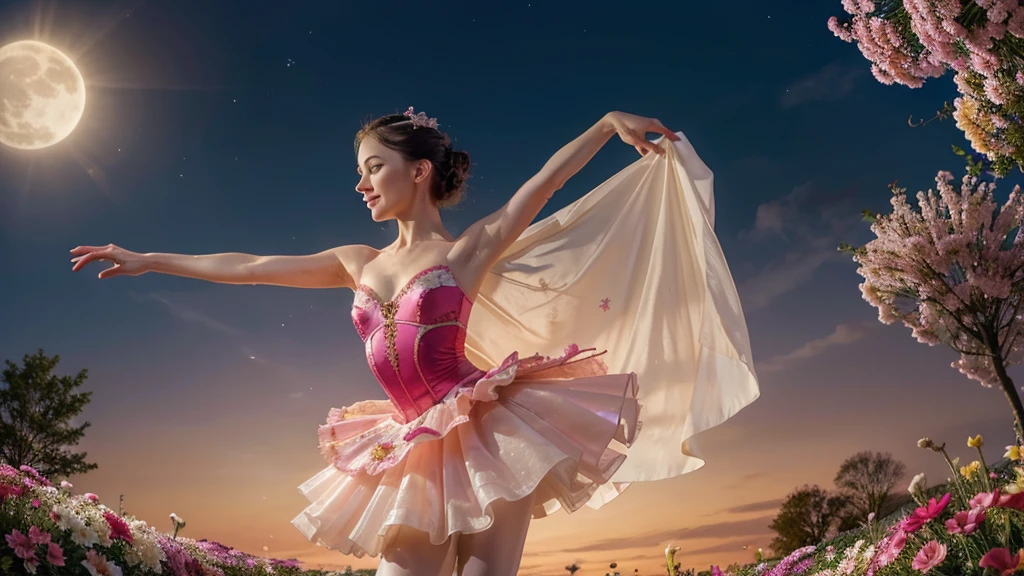 
A beautiful scene of a graceful ballerina in a vibrant, colorful dress made of flowers, dancing under a bright and radiant full moon. The background is filled with a burst of vivid, lively flowers in a variety of colors, creating a magical, enchanting atmosphere. The overall tone is bright and cheerful with a clear, sunny sky. The flowers are fresh and blooming, adding to the lively and joyful mood of the scene. The ballerina's pose is elegant and dynamic, capturing the essence of dance and beauty