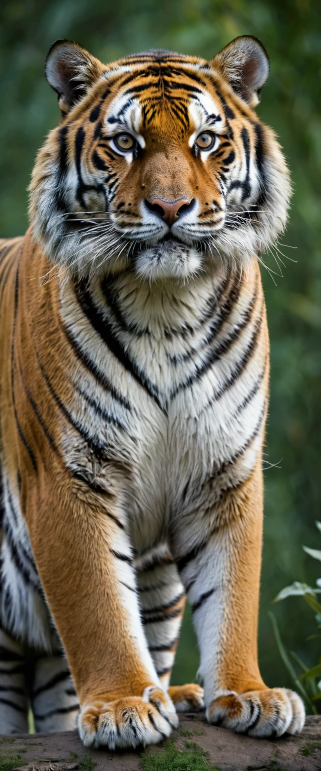 Photograph of a Siberian tiger, majestic, in the wild, Furiosa, gazing at viewer, extremely realistic photo