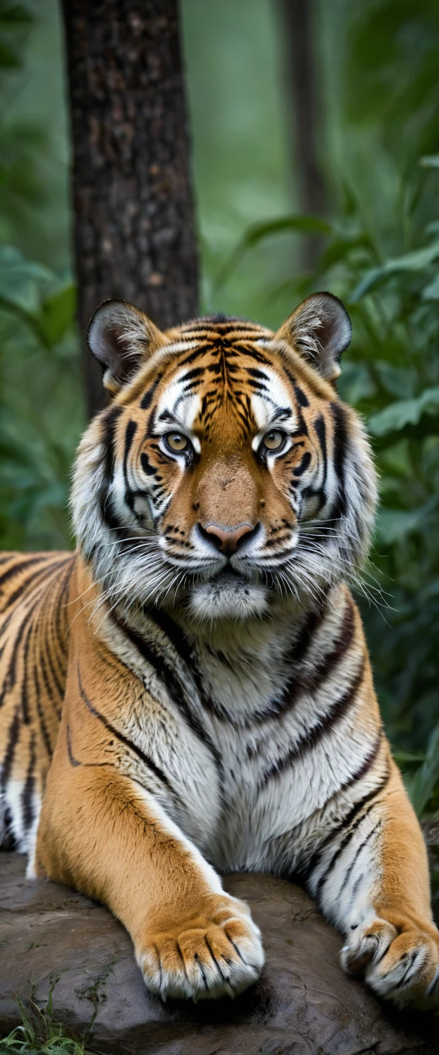 Photograph of a Siberian tiger, majestic, in the wild, Furiosa, gazing at viewer, extremely realistic photo