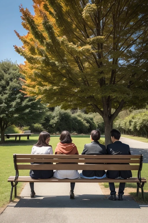 Create a simple image with a tree behind and three stick-shaped people sitting on a bench