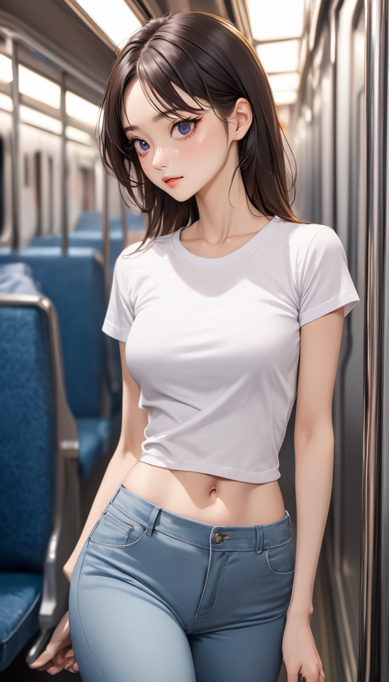 masterpiece, High resolution, perfect face, Korean beauty, 30 years old, beautiful face, in the train, T-shirt, skinny pants, embarrassed look, look at the camera, (top quality eyes), detailed texture, look at me, Married woman, cool women, ((high resolution eyes))
