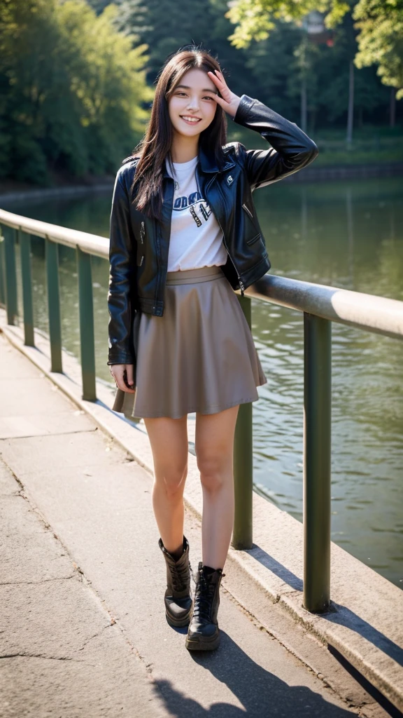 create beautiful 19 year old russian girl with long black hair wearing a long light brown leather jacket and inside of the jacket she is wearing a really dark brown shirt and the girl also has small black skirt above the knees and showing the laps she he standing infront of a railing behind and below which is a small beautiful circular lake which is also gruaded by a rail which has a road behind it
The girl is smiling and is really happy and is showing a peace sign to the camera. Full body should be shown