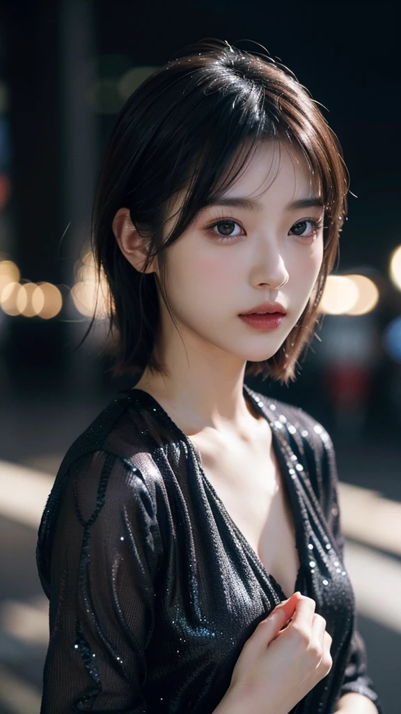 hamabeminami,(wearing a black glittery dress),(RAW photo, best quality), (realistic, photo-realistic:1.4), masterpiece, an extremely delicate and beautiful, extremely detailed, 2k wallpaper, Amazing, finely detail, extremely detailed CG unity 8k wallpaper, ultra-detailed, highres, soft light, beautiful detailed girl, extremely detailed eyes and face, beautiful detailed nose, beautiful detailed eyes,cinematic lighting,city lights at night,perfect anatomy,slender body,short hair