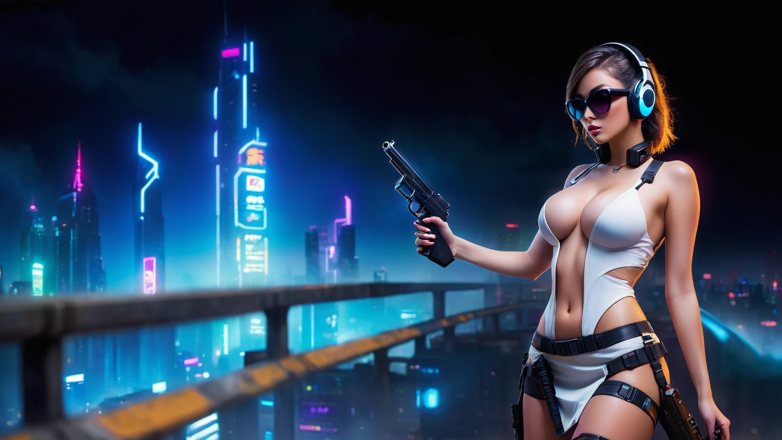 dark futuristic landscape, at night, neon lights, Atmospheric fog, large buildings in the background, futuristic city, streets with open shops, skyscraper (postapocalyptic city:1.3). (((1girl, solo, alone))), large-breast:1.2 slim body, cleavage:1.1, sexy miniskirt, (((headphone, black sunglasses, standing and holding pistol pose))), (((half-body thigh level medium shot))), cinematic lighting, lens flare, ray tracing.
