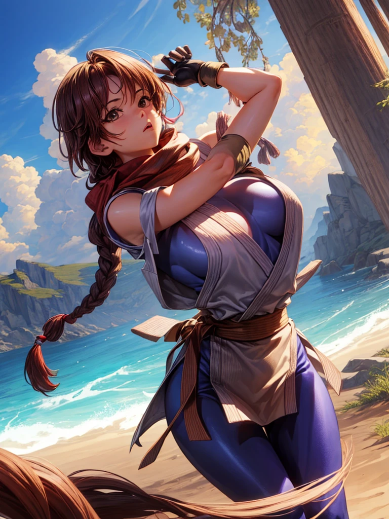 (masterpiece, best quality, high resolution, Unity 8K wallpaper, Extremely detailed CG:1), (illustration:1.0), 1 Girl,Solitary, Yurims, scarf, Dougie, in spandex, Gloves, Huge breasts