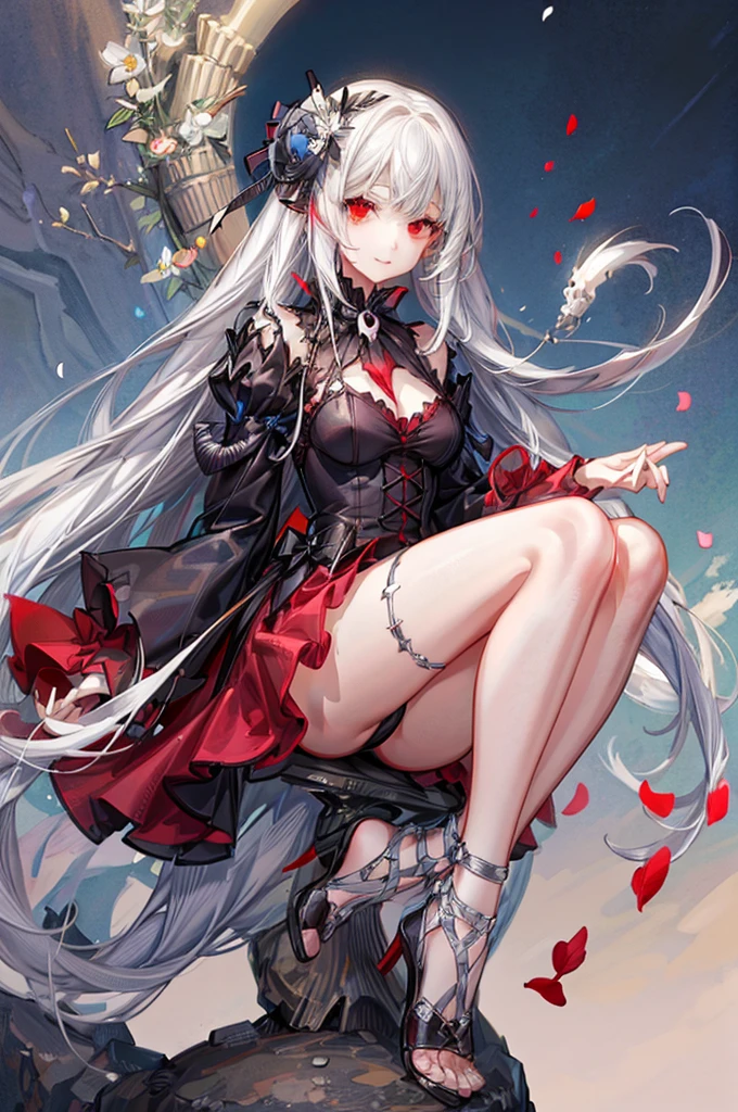 Anime girl, white hair, ((white skeleton)), red flower, illustration, 25 year old, bone, skull, ((bust-up)), red eyes,