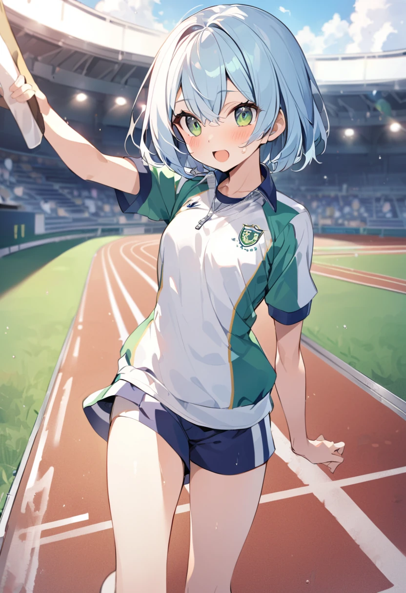 Light blue hair、Short Bob、Deep green eyes、Small breasts、Age 25、Athletics Stadium、Bikini Track and Field Uniform、