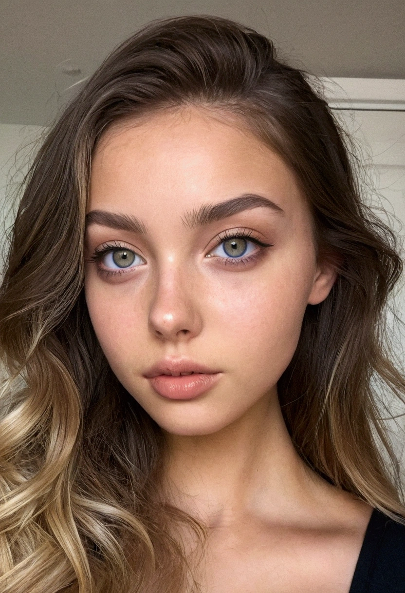 femme de 23 ans, cheveux longs blonde peu bouclés, yeux marron, visage avec un tout petit peu d'imperfection, maquillage professionnel comme modèle, avec le visage bien dégagé et le plus humain possible Fille sexy aux yeux marrons ultra réalistes, minutieusement détaillé, Portrait de Sophie Mudd, cheveux noirs et grands yeux, Selfie d'une jeune femme, Yeux de chambre, sans maquillage, maquillage naturel, Regarder au loin, Visage avec Art gram, Maquillage subtil, 