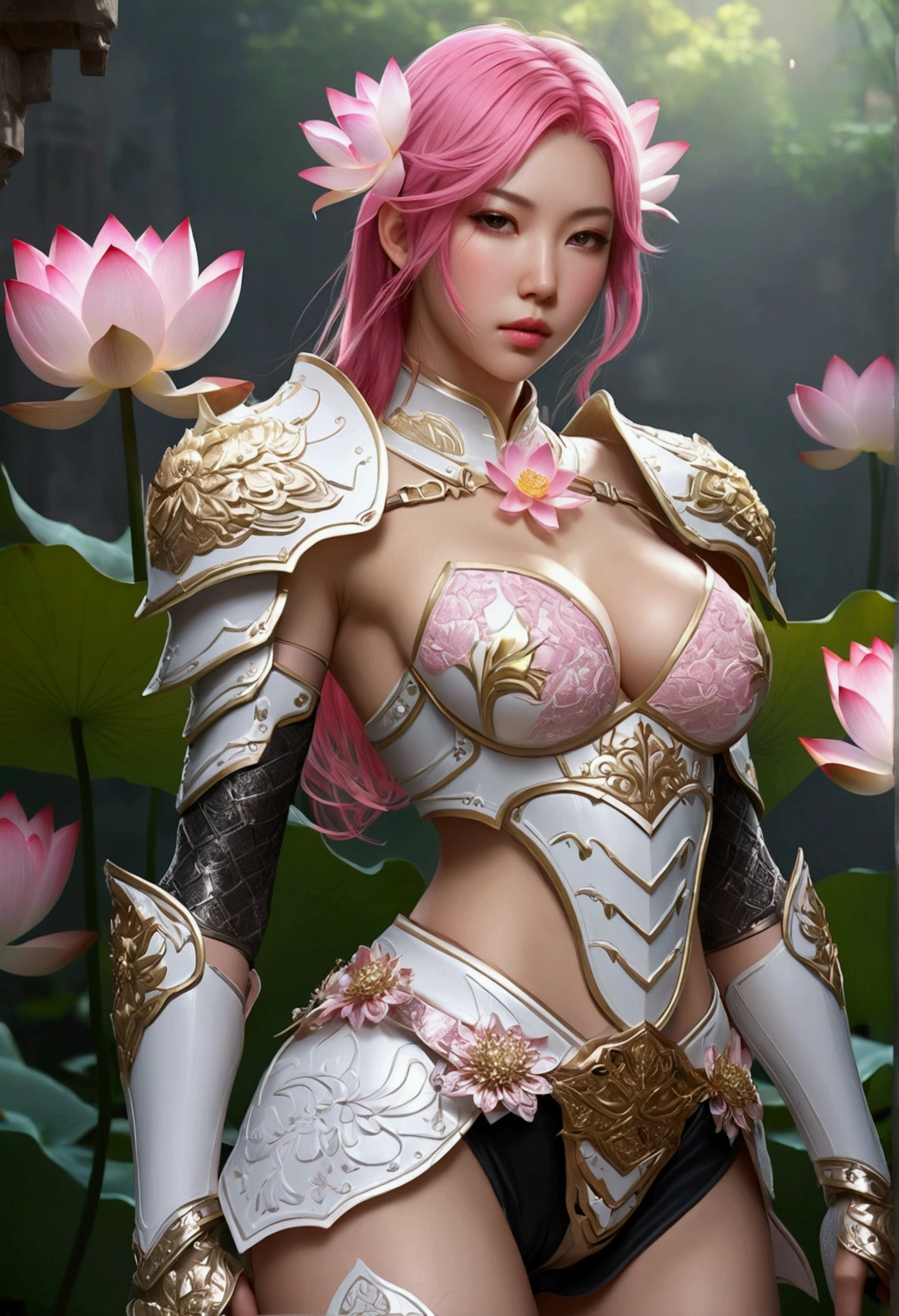 Sexy woman in white gold lace armor and pink lotus flowers, Cheng Wei Pan on artstation, By Yang J, Detailed fantasy art, Amazing character art, fanart awesome artstation, Excellent and neat character art, beautiful armor, A very detailed RTM pathogen., Detailed digital anime art, artgerm from artstation pixiv, girl wearing armor, Big breasts break apart:1.2, (short skirt:1,5)