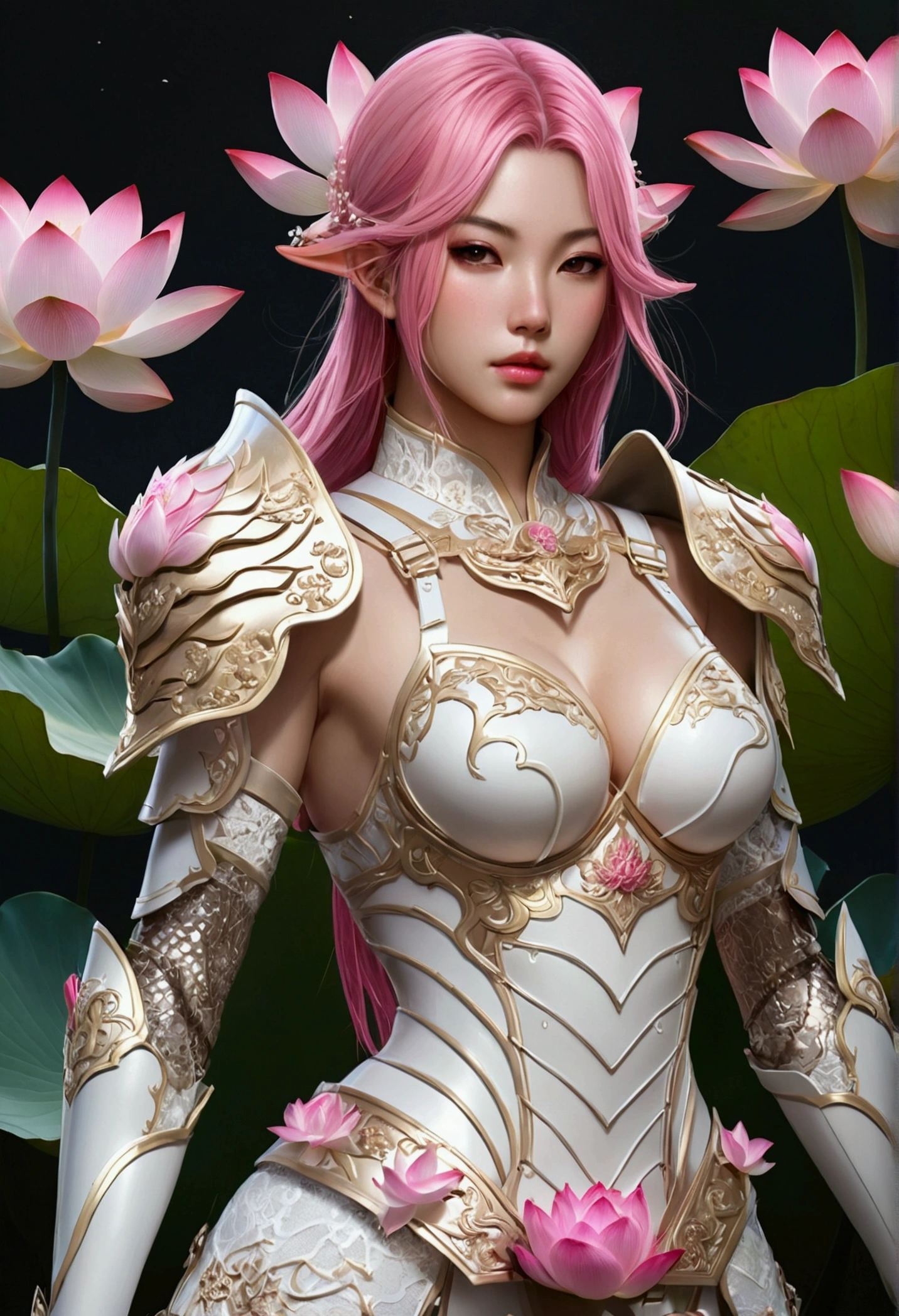 Sexy woman in white gold lace armor and pink lotus flowers, Cheng Wei Pan on artstation, By Yang J, Detailed fantasy art, Amazing character art, fanart awesome artstation, Excellent and neat character art, beautiful armor, A very detailed RTM pathogen., Detailed digital anime art, artgerm from artstation pixiv, girl wearing armor, Big breasts break apart:1.2, (short skirt:1,5)