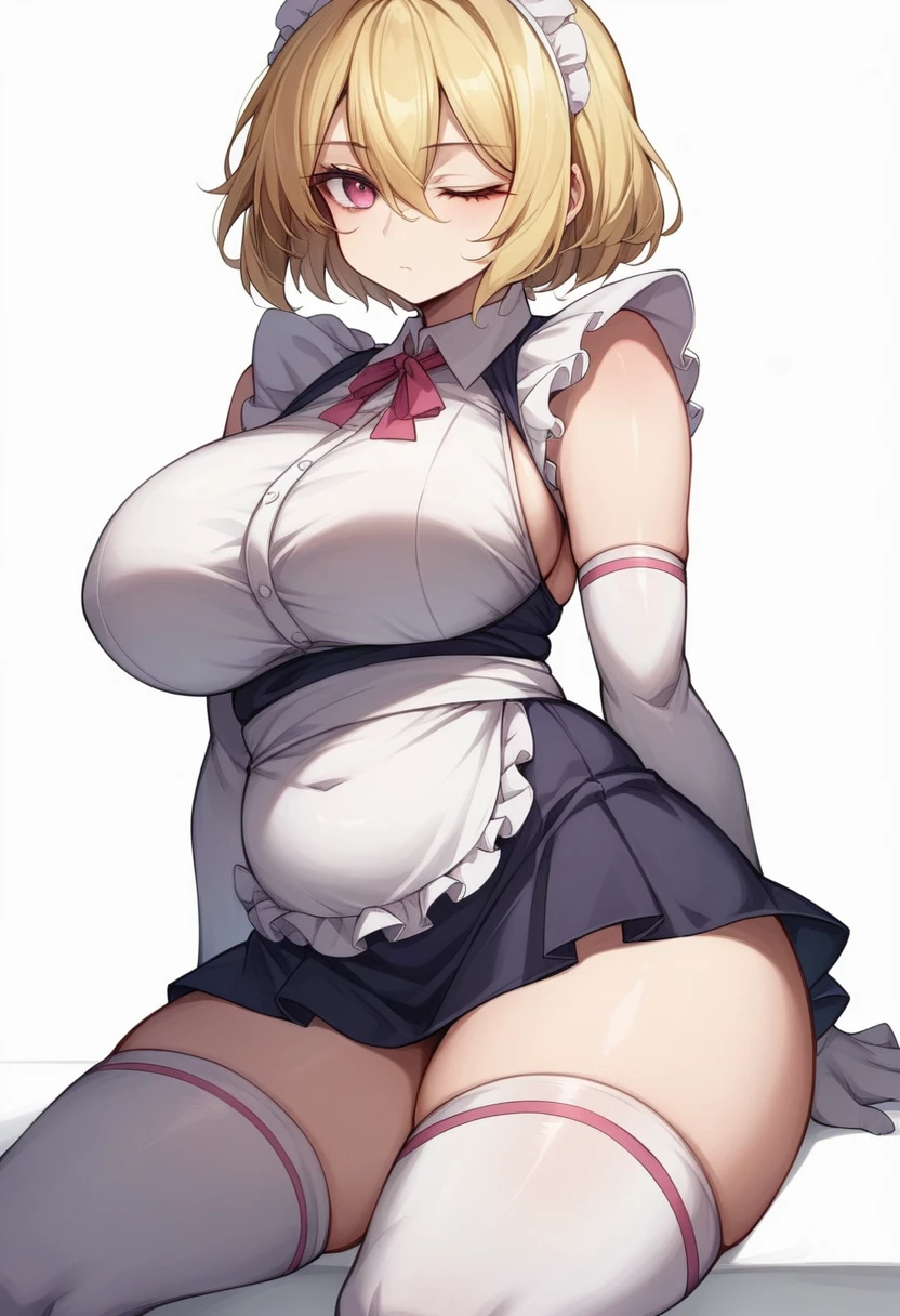 (One girl)、(bob cut)、(sidelock)、((Blonde))、（Sato Air）、(slan eyes)、（boyish）、cute、(Big super breasts)、Chubby、Maid、No sleeve、mini skirt、White sleeveless、thigh-high socks thighhighs、(long gloves)、hairs between eyes、(coarse hair)、[flipped hair]、pink eye、expressionless、one eye closed、arm behind back、White Background、