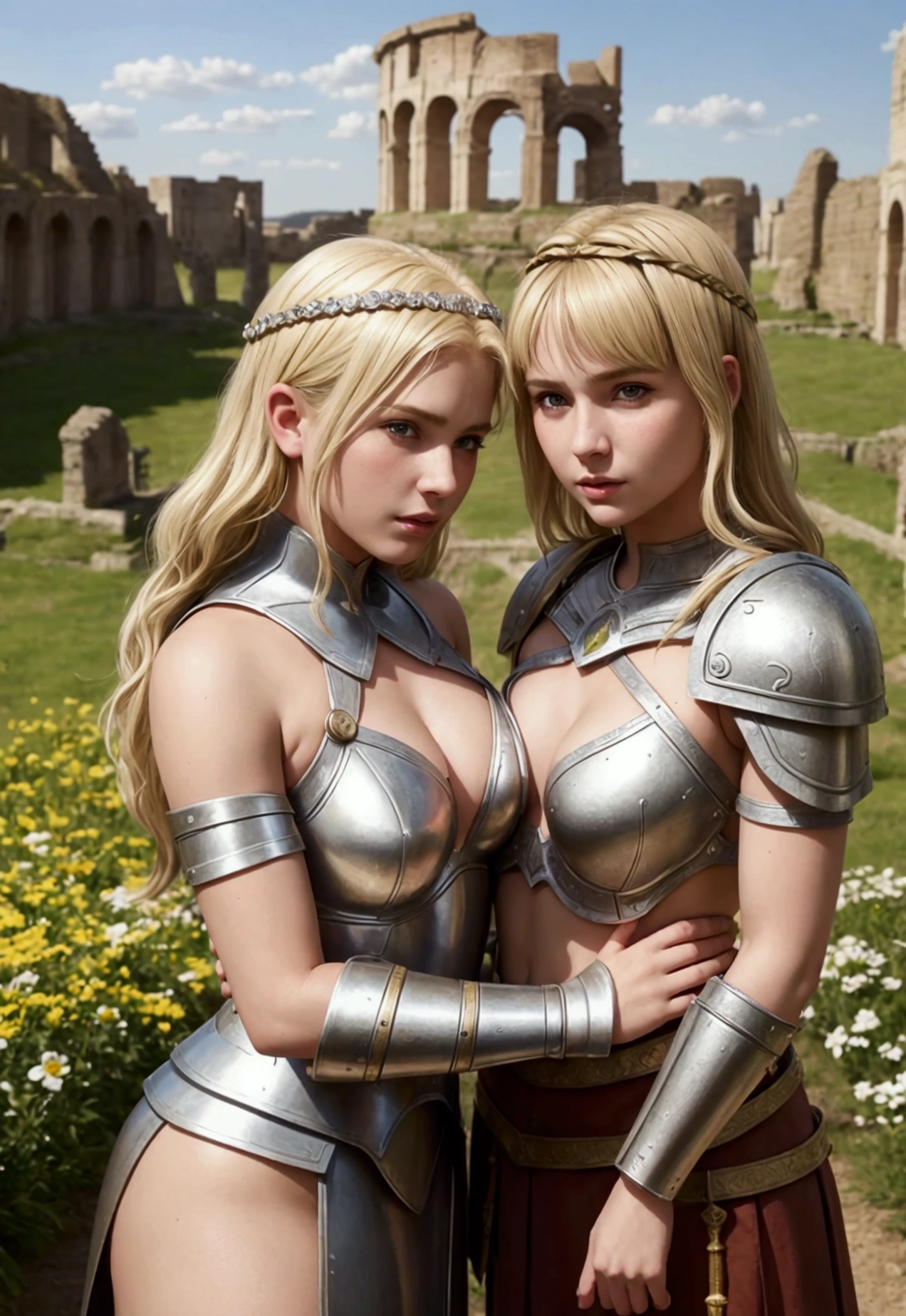mother and daughter portrait break: mature woman, roman warrior, queens blade , middle age, blonde, detailed face, curvy, fighter position, background in uk land break: teen girl, roman warrior, princess blade , 13 years old, teenager girl, small breasts, mini cropped, valkyrian princess ,blonde, detailed face, beautiful, confiant, background in uk land with flowers, soft lesbians