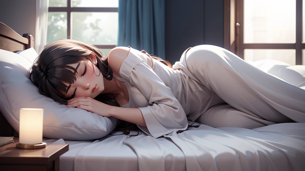 A young woman peacefully sleeps on a bed, her serene face illuminated by soft moonlight filtering through the window. Her delicate features are relaxed, and her gentle breathing creates a sense of calm. She is covered with a cozy, light blanket, her hair cascading over the pillow, blending seamlessly with the fabric. The room is tranquil, with subtle shadows adding depth to the scene, emphasizing the warmth and comfort of her restful slumber.