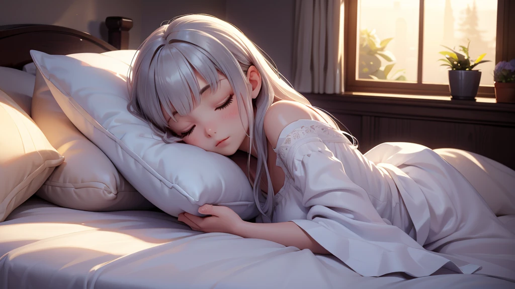 A young woman peacefully sleeps on a bed, her serene face illuminated by soft moonlight filtering through the window. Her delicate features are relaxed, and her gentle breathing creates a sense of calm. She is covered with a cozy, light blanket, her hair cascading over the pillow, blending seamlessly with the fabric. The room is tranquil, with subtle shadows adding depth to the scene, emphasizing the warmth and comfort of her restful slumber.