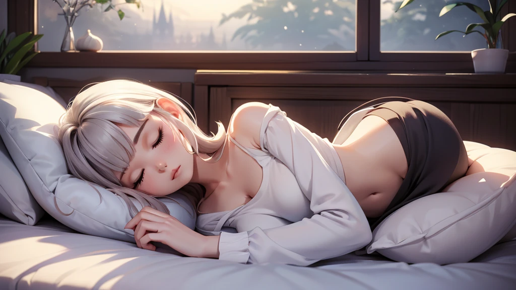 A young woman peacefully sleeps on a bed, her serene face illuminated by soft moonlight filtering through the window. Her delicate features are relaxed, and her gentle breathing creates a sense of calm. She is covered with a cozy, light blanket, her hair cascading over the pillow, blending seamlessly with the fabric. The room is tranquil, with subtle shadows adding depth to the scene, emphasizing the warmth and comfort of her restful slumber.