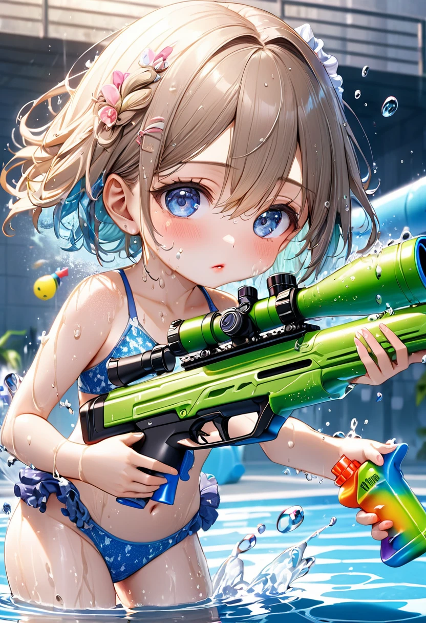 beautiful Cute young girl, chibi, sniper, leisure pool, holding toy water rifle, aiming at mom, firing toy water rifle, water spray coming out of water rifle, splash water, fun bathing, glitter A clear water surface, a detailed sniper stance, a detailed water rifle, a cute frilly swimwear, and a soaking wet body,beautiful detailed eyes,beautiful detailed lips,extremely detailed eyes and face,longeyelashes,wet hair,splashing water,vibrant colors,atmospheric lighting, (highest quality,16k,highres,masterpiece:1.2),ultra-detailed,(ultra-realistic,photo-realistic:1.37)
