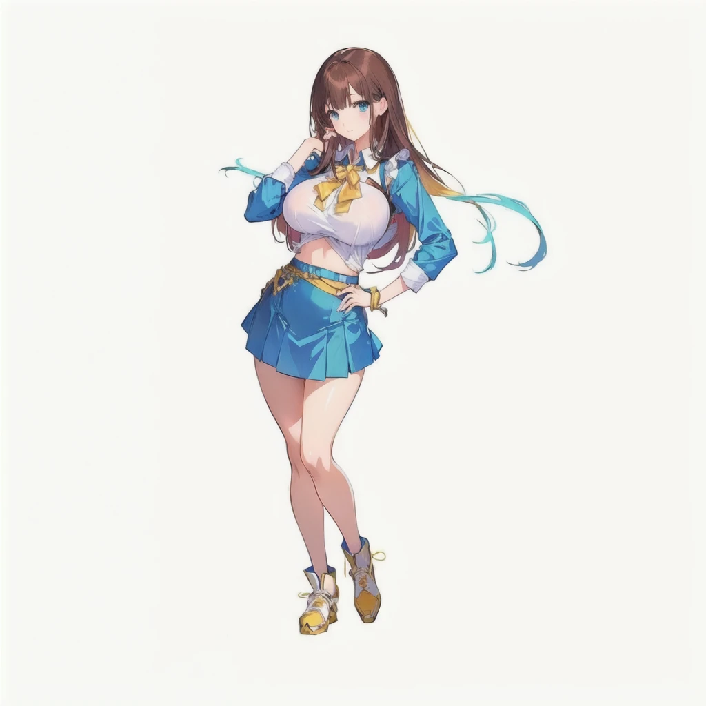 anime girl in a short skirt and top posing for a picture, seductive anime girl, official character illustration, ( ( character concept art ) ), by Yasutomo Oka, beautiful alluring anime woman, big boob, brown hair, yellow hairpin, Blue eyes, mature lady