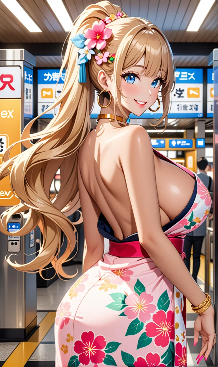 ultra-detailed, ((one girl)), (tan skin:1.4), in pastel colors gyaru, (heavy makeup), (professional lighting) hyper detailed, absurdres, 8k, Beautiful Face, (Laugh shyly), ((teasing smile:1.6)), ((happy smile:1.5)),  ((Wink:1.6)), (Laugh with your mouth wide open),((Tilt your face:1.6)), View your viewers, ((Bright red cheeks:1.6)),Glossy shocking pink lips, ((huge breasts:1.6)),  ((undressing)), noon, summer, Station ticket gates, Anime style background)),masterpiece, Highest quality, (Brighten your face), so beautiful,Latest, Complex details, ((fluorescent pink long nail:1.3)), (ring),(bracelet), (Floral Choker),AI-generated, Complex,High resolution, Highest quality, super high quality,3D Images、3D Images,One person, ((honey blond long hair), (High Ponytail), (wavy hair:1.4), Anime woman posing for a photo, ((Fine grain、blue eyes、glowing eyes:1.4)), (Squint your eyes:1.1),a hyperRealistic , hyperRealistic , Realistic,Anime woman with long honey blonde hair, Smooth anime CG art, A girl in a gorgeous pastel-colored kimono, ((Pastel-colored furisode)),(Pink large floral pattern), (sideboob),  Long flower hair ornament,large gold hoop earrings, Mature Body, tall,Narrow waist, from behind, (upper body),  ((Reaching out to your audience)),