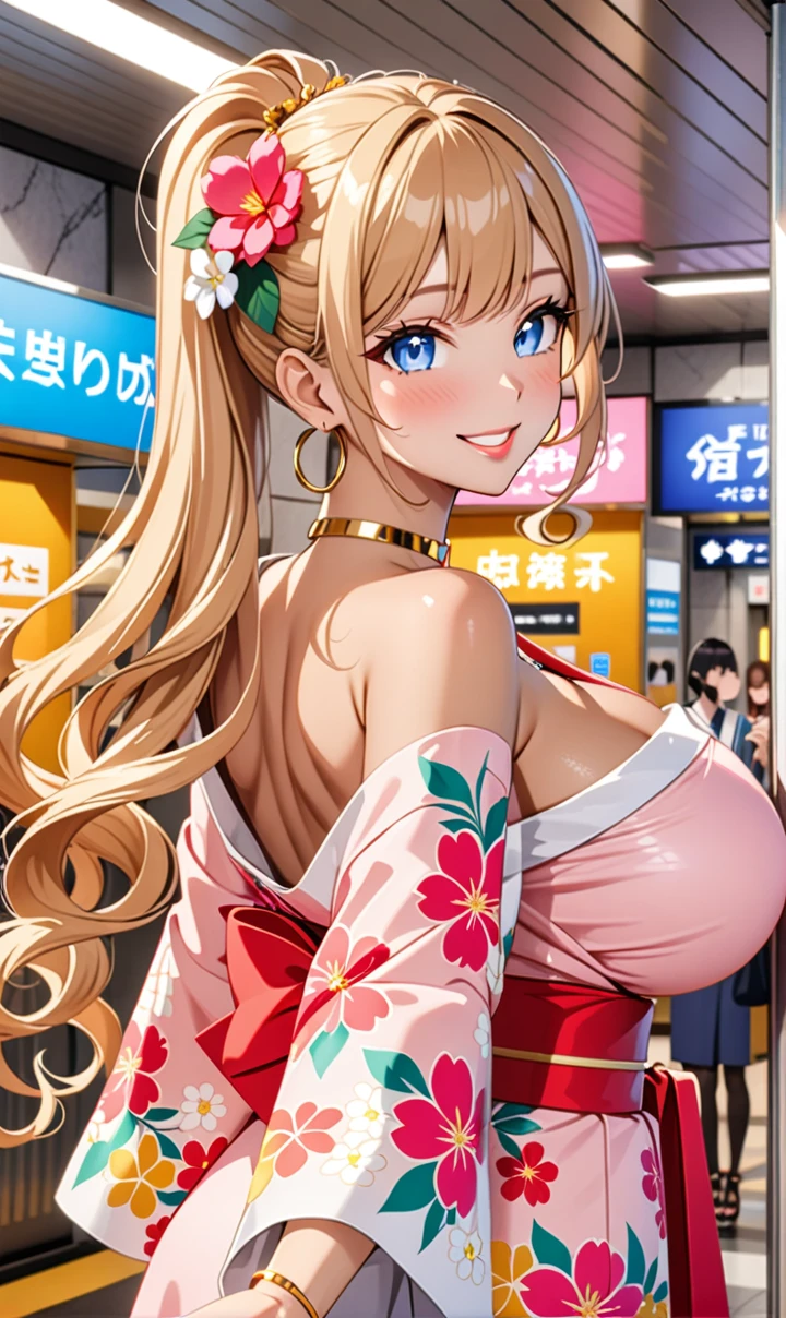 ultra-detailed, ((one girl)), (tan skin:1.4), in pastel colors gyaru, (heavy makeup), (professional lighting) hyper detailed, absurdres, 8k, Beautiful Face, (Laugh shyly), ((teasing smile:1.6)), ((happy smile:1.5)),  ((Wink:1.6)), (Laugh with your mouth wide open),((Tilt your face:1.6)), View your viewers, ((Bright red cheeks:1.6)),Glossy shocking pink lips, ((huge breasts:1.6)),  ((undressing)), noon, summer, Station ticket gates, Anime style background)),masterpiece, Highest quality, (Brighten your face), so beautiful,Latest, Complex details, ((fluorescent pink long nail:1.3)), (ring),(bracelet), (Floral Choker),AI-generated, Complex,High resolution, Highest quality, super high quality,3D Images、3D Images,One person, ((honey blond long hair), (High Ponytail), (wavy hair:1.4), Anime woman posing for a photo, ((Fine grain、blue eyes、glowing eyes:1.4)), (Squint your eyes:1.1),a hyperRealistic , hyperRealistic , Realistic,Anime woman with long honey blonde hair, Smooth anime CG art, A girl in a gorgeous pastel-colored kimono, ((Pastel-colored furisode)),(Pink large floral pattern), (sideboob),  Long flower hair ornament,large gold hoop earrings, Mature Body, tall,Narrow waist, from behind, (upper body),  ((Reaching out to your audience)),