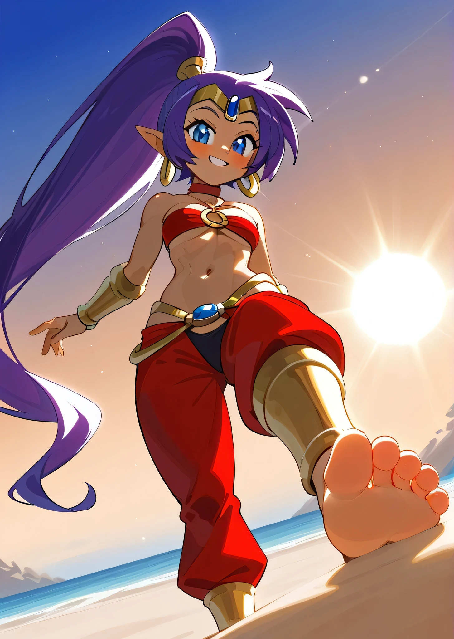 [Shantae], ((masterpiece)), ((HD)), ((high res)), ((solo portrait)), ((full body)), ((low angle view)), ((feet visible)), ((foot focus)), ((detailed shading)), ((intricate details)), {attractive girl, (dark skin tone), (brown skin), (purple hair), (spiky bang), (long ponytail), (cute blue eyes), (curvy hips), (defined muscles), (beautiful legs), (cute soft feet), (blushing), (cute grin)}, {(red o-ring bandeau), (vambraces), (red harem pants), (black panties over pants), gold bracers, gold tiara, hoop earrings, (red choker)}, {(standing on sand), (looking at viewer)}, [ambient lighting, beach, sun rays]