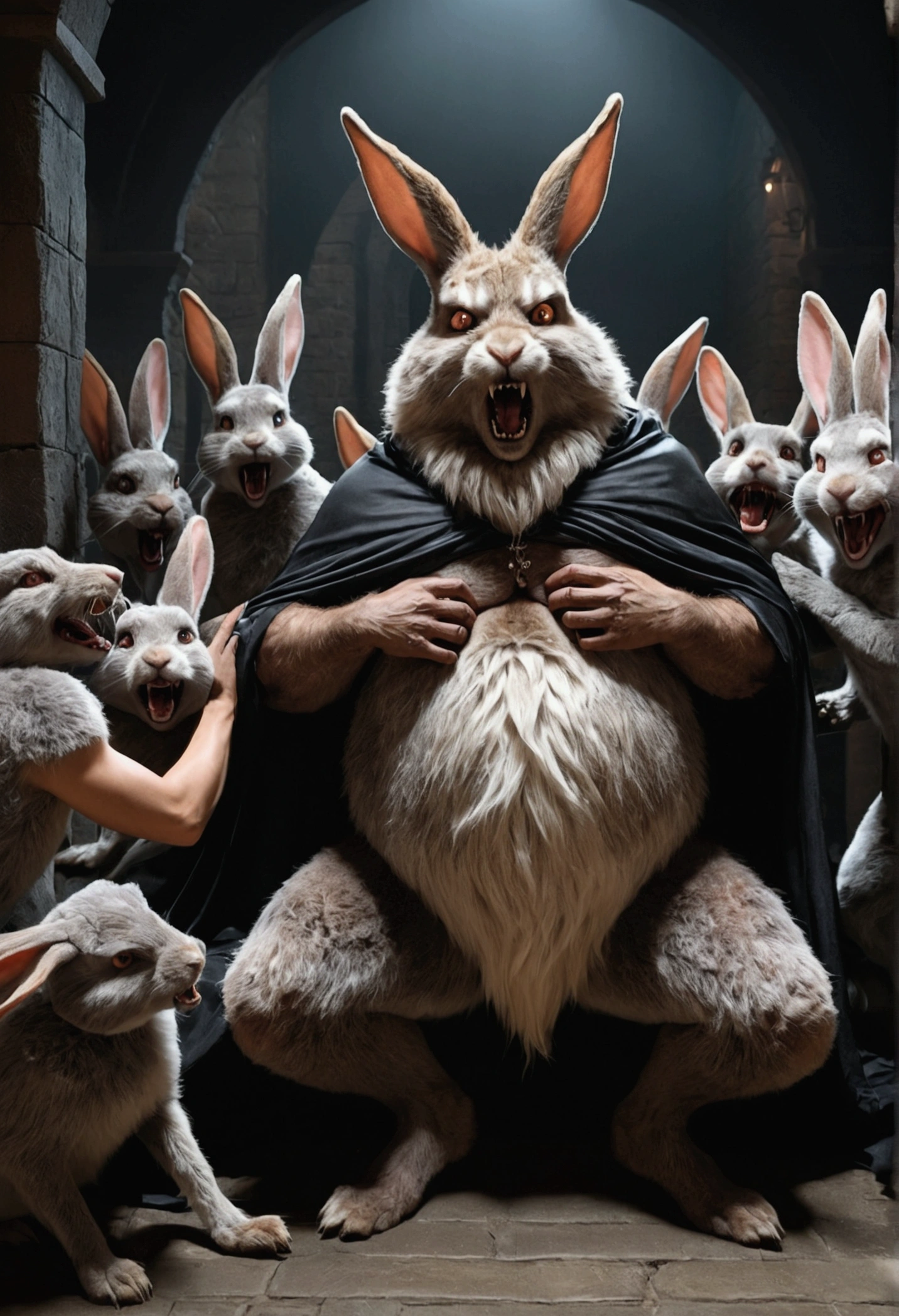 Crowd of anthropomorphic female rabbits dressed as scary witches. Many female anthropomorphic rabbits are tickling a lone male anthropomorphic werewolf's belly. The werewolf is lying flat on his back spread eagle. They dance next to the large and bloated belly of a shocked werewolf who is restrained to the ground. photo realistic style. dark medieval dungeon. Rabbits love to tug on the werewolf's large and ballsted in-between the werewolf's groin. side view. Full body shot of werewolf. Werewolf belly focus. Correct anatomy. NSFW. Only the werewolf is nude.